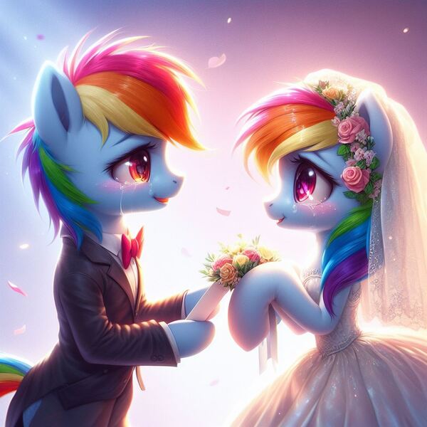 Size: 1024x1024 | Tagged: safe, derpibooru import, machine learning generated, rainbow dash, pegasus, pony, ai content, bipedal, clothes, crying, dress, flower, generator:dall-e 3, image, jpeg, marriage, self paradox, self ponidox, suit, tears of joy, wedding dress