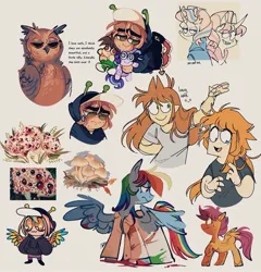 Size: 1757x1827 | Tagged: safe, artist:disaterror, derpibooru import, rainbow dash, scootaloo, starlight glimmer, bird, human, owl, fanfic:rainbow factory, blood, clothes, curved horn, eddsworld, fanfic art, horn, image, jpeg, lab coat, mushroom, smiling, spread wings, wings