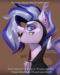 Size: 3192x3968 | Tagged: safe, artist:charlot, derpibooru import, oc, unofficial characters only, bat pony, pony, undead, vampire, bat wings, blood, bust, chest fluff, clothes, commission, costume, ear fluff, ear piercing, fangs, four eyes, halloween, halloween costume, holiday, image, looking at you, meme, parody, piercing, png, portrait, solo, sweat, wings, ych result
