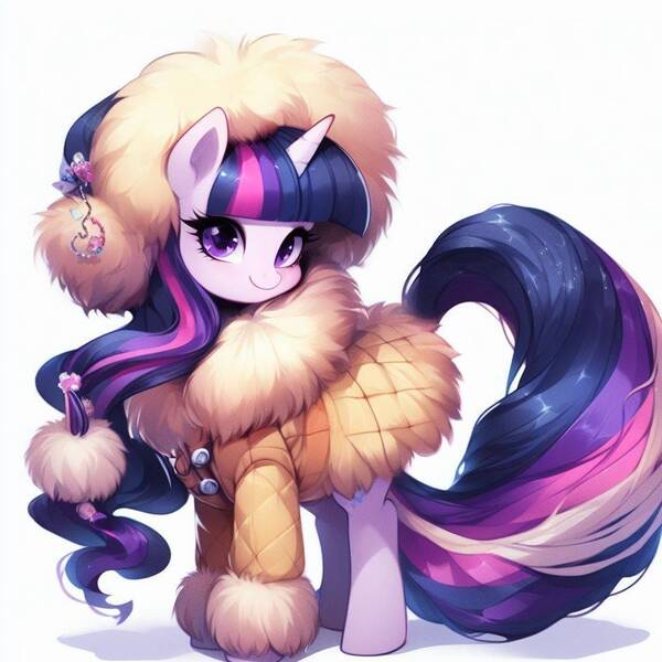 Size: 944x944 | Tagged: safe, derpibooru import, twilight sparkle, pony, unicorn, ai content, clothes, fur coat, image, jpeg, simple background, unicorn twilight, white background