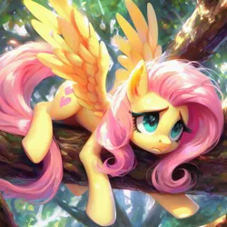 Size: 1024x1024 | Tagged: safe, derpibooru import, machine learning generated, fluttershy, pegasus, ai content, frown, image, jpeg, sad, solo, spread wings, stuck, tree, wings, wrong cutie mark