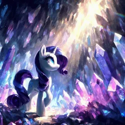 Size: 1024x1024 | Tagged: safe, derpibooru import, machine learning generated, rarity, pony, unicorn, ai content, cave, crystal, female, full body, generator:dall-e 3, image, jpeg, looking at something, looking up, mare, prompter:hazy skies, scenery, scenery porn, smiling, solo, sunshine, walking, wrong cutie mark