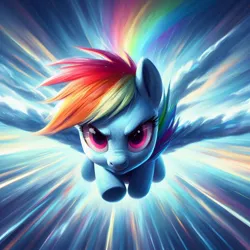 Size: 1024x1024 | Tagged: safe, derpibooru import, machine learning generated, rainbow dash, ai content, flying, image, jpeg, looking at you, motion blur, rainbow, serious, solo, speed lines, spread wings, wings