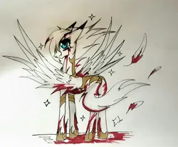 Size: 1957x1622 | Tagged: semi-grimdark, artist:hysteriana, derpibooru import, oc, ponified, pegasus, pony, armor, armored pony, blood, crossover, feather, image, jpeg, light skin, old art, pegasus oc, sad, snowfur, spread wings, traditional art, warrior cats, white mane, wings