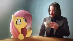 Size: 1920x1080 | Tagged: safe, artist:makaryo, derpibooru import, fluttershy, human, pegasus, pony, cup, duo, duo male and female, female, hoof hold, image, john wick, jpeg, keanu reeves, looking at each other, looking at someone, male, mare, signature, smiling, teacup