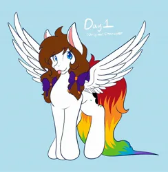 Size: 2002x2048 | Tagged: safe, artist:mscolorsplash, derpibooru import, oc, oc:color splash, unofficial characters only, pegasus, pony, blue background, bow, female, hair bow, image, jpeg, mare, pigtails, ponytober, rainbow tail, simple background, solo, spread wings, tail, tongue out, twintails, wings