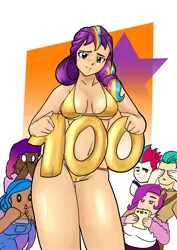 Size: 2480x3508 | Tagged: suggestive, artist:jackudoggy, derpibooru import, hitch trailblazer, izzy moonbow, pipp petals, sunny starscout, zipp storm, human, g5, my little pony: tell your tale, 100, adorasexy, balloon, bikini, blushing, breasts, busty sunny starscout, clothes, cute, female, golden bikini, humanized, image, male, misty brightdawn, png, sexy, simple background, smiling, swimsuit, white background