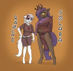 Size: 3298x3207 | Tagged: safe, artist:queen-razlad, derpibooru import, oc, oc:razlad, oc:solara, unofficial characters only, anthro, devil, frown, helix horn, horn, image, looking at you, png, pose, smiling