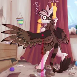 Size: 2000x2000 | Tagged: safe, artist:lionbun, derpibooru import, oc, oc:ospreay, unofficial characters only, gryphon, behaving like a cat, commission, curtains, destruction, griffon oc, image, laser pointer, png, room
