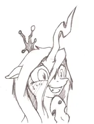 Size: 558x729 | Tagged: safe, artist:i am nude, queen chrysalis, changeling, changeling queen, blushing, embarrassed, female, floppy ears, image, jpeg, monochrome, pencil drawing, raised hoof, simple background, slit eyes, smiling, solo, traditional art, white background