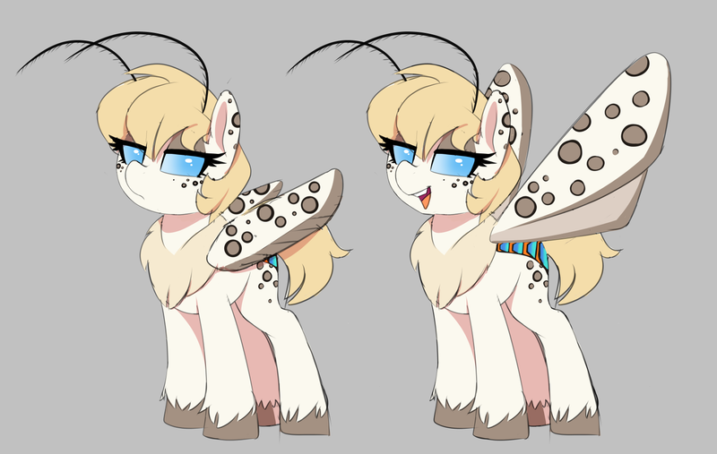 Size: 1500x950 | Tagged: safe, artist:thebatfang, ponerpics import, oc, oc:dusty dots, insect, moth, mothpony, original species, pony, antennae, female, image, mare, neck fluff, open mouth, png, simple background, solo, unshorn fetlocks