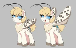 Size: 1500x950 | Tagged: safe, artist:thebatfang, ponerpics import, oc, oc:dusty dots, insect, moth, mothpony, original species, pony, antennae, female, image, mare, neck fluff, open mouth, png, simple background, solo, unshorn fetlocks