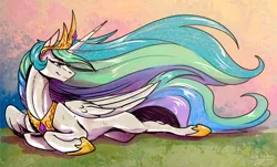 Size: 1600x969 | Tagged: safe, artist:sunny way, derpibooru import, princess celestia, alicorn, pony, art, artwork, digital art, female, feral, horn, image, jewelry, mare, png, princess, regalia, smiling, solo, wings