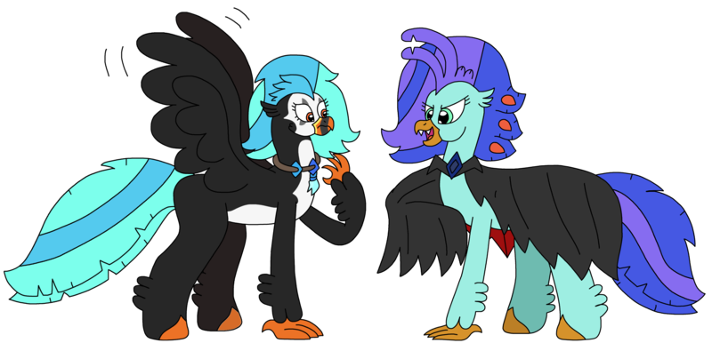 Size: 3216x1586 | Tagged: safe, artist:supahdonarudo, derpibooru import, oc, oc:icebeak, oc:sea lilly, unofficial characters only, classical hippogriff, hippogriff, undead, vampire, cape, clothes, costume, fangs, halloween, halloween costume, holiday, image, jewelry, necklace, png, scared, simple background, surprised, transparent background, vampire costume