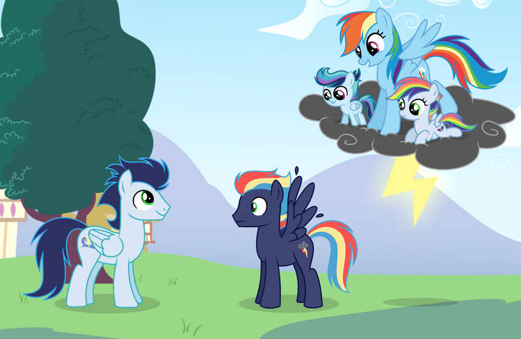 Size: 749x488 | Tagged: safe, artist:rilalinar, derpibooru import, rainbow dash, soarin', oc, oc:cloudburst, oc:rainbow zap, oc:thunder, pegasus, pony, cloud, colt, female, filly, foal, image, jpeg, male, mare, offspring, parent:rainbow dash, parent:soarin', parents:soarindash, shipping, soarindash, stallion, straight