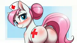 Size: 3072x1728 | Tagged: suggestive, derpibooru import, machine learning generated, stable diffusion, nurse redheart, earth pony, pony, ai content, blushing, butt, butt blush, dock, female, generator:easyfluff v11.2, hair bun, hat, image, jpeg, looking at you, looking back, looking back at you, mare, nurse hat, prompter:siber, simple background, smiling, smiling at you, solo, tail