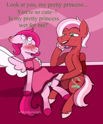 Size: 2000x2400 | Tagged: suggestive, artist:whimsicalseraph, derpibooru import, oc, oc:raspberry sorbet, oc:strawberry syrup, unofficial characters only, pegasus, pony, clothes, dress, duo, duo female, female, image, incest, lesbian, panties, png, roleplay, siblings, skirt, skirt lift, twincest, twins, underwear, wet panties