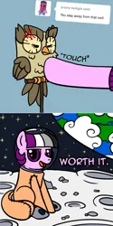 Size: 800x1602 | Tagged: safe, artist:thedragenda, derpibooru import, owlowiscious, oc, oc:ace, bird, earth pony, owl, pony, ask-acepony, cross-popping veins, emanata, image, moon, png, spacesuit, to the moon