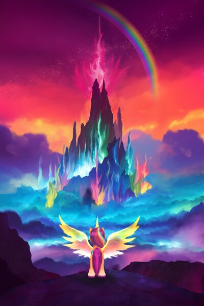 Size: 1800x2700 | Tagged: safe, artist:allegrenix, derpibooru import, sunny starscout, alicorn, pony, g5, my little pony: a new generation, image, jpeg, mountain, race swap, rainbow, scenery, solo, spread wings, sunnycorn, wings