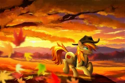 Size: 2700x1800 | Tagged: safe, artist:allegrenix, derpibooru import, braeburn, earth pony, pony, autumn, autumn leaves, clothes, cowboy hat, hat, image, jpeg, leaf, leaves, running, solo, sunset, tree, vest