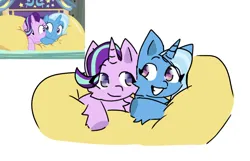 Size: 925x596 | Tagged: safe, derpibooru import, starlight glimmer, trixie, pony, unicorn, road to friendship, duo, fanart, grin, i guess we're stuck together, image, inflatable raft, jpeg, looking at each other, looking at someone, raft, remake, scene interpretation, screencap reference, smiling, we're friendship bound