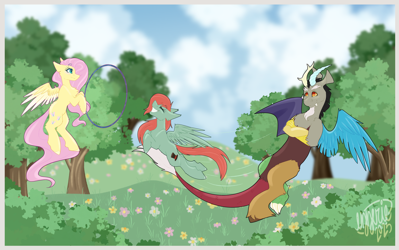 Size: 5060x3178 | Tagged: safe, artist:ezzerie, derpibooru import, discord, fluttershy, oc, draconequus, pegasus, pony, chest fluff, cloud, commission, crossed arms, digital art, eyes closed, female, field, floppy ears, flower, flying, grin, hoof hold, hoop, image, male, mare, png, signature, sliding, smiling, tree, trio
