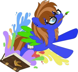 Size: 2203x2039 | Tagged: safe, artist:pure-blue-heart, derpibooru import, oc, oc:bluebook, unofficial characters only, pegasus, pony, blue eyes, book, brown mane, colored wings, ear piercing, earring, female, freckles, glasses, image, jewelry, mare, paint, paintbrush, pegasus oc, piercing, png, simple background, tail, transparent background, two toned mane, two toned tail, two toned wings, watermark, wings
