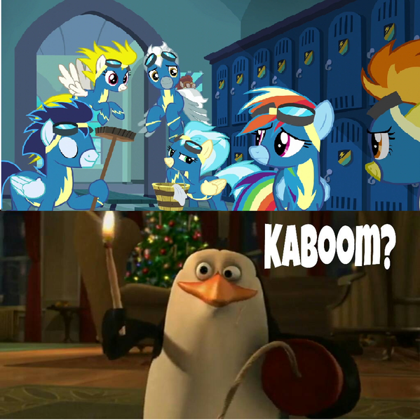 Size: 1024x1026 | Tagged: safe, derpibooru import, edit, edited screencap, screencap, rainbow dash, soarin', spitfire, bird, pegasus, penguin, pony, newbie dash, clothes, dynamite, explosives, female, image, lockers, madagascar (dreamworks), male, meme, png, rico, the madagascar penguins in a christmas caper, uniform, wonderbolts, wonderbolts uniform, yes rico kaboom