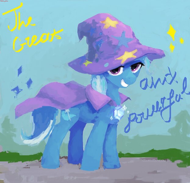 Size: 1504x1448 | Tagged: safe, artist:some_ponu, derpibooru import, trixie, pony, unicorn, cape, clothes, female, great and powerful, grin, hat, image, jpeg, lidded eyes, looking at you, mare, ms paint, smiling, solo, sparkles, standing, trixie's cape, trixie's hat