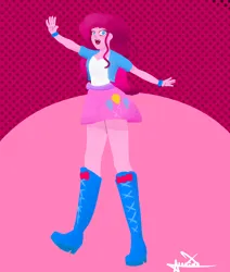 Size: 2000x2362 | Tagged: safe, artist:c0r0nad04z, derpibooru import, pinkie pie, equestria girls, abstract background, boots, clothes, high heel boots, image, jacket, open mouth, png, shirt, shoes, simple background, skirt, vest
