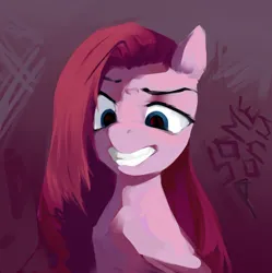 Size: 1040x1043 | Tagged: safe, artist:some_ponu, derpibooru import, pinkie pie, earth pony, pony, abstract background, evil grin, eyebrows, female, grin, image, jpeg, looking down, mare, pinkamena diane pie, raised eyebrow, smiling, solo