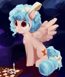 Size: 1721x2047 | Tagged: safe, artist:some_ponu, derpibooru import, cozy glow, pegasus, pony, abstract background, bow, chess, chess piece, chessboard, drool, drool string, female, filly, foal, hair bow, image, jpeg, snot bubble, solo, space, spread wings, wings