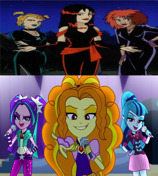 Size: 1280x1428 | Tagged: safe, derpibooru import, adagio dazzle, aria blaze, sonata dusk, equestria girls, rainbow rocks, comparison, female, hex girls, image, png, scooby doo, the dazzlings, trio, trio female