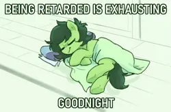 Size: 677x444 | Tagged: safe, artist:plunger, oc, oc:anonfilly, unofficial characters only, earth pony, pony, /mlp/, 4chan, 4chan cup scarf, blanket, caption, eyes closed, female, filly, image, image macro, png, sleeping, smiling, solo, text, underhoof
