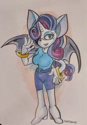 Size: 708x1020 | Tagged: safe, artist:sheepshekets, derpibooru import, rarity, anthro, bat pony, bat ponified, belt, boots, breasts, busty rarity, clothes, denim, hair over one eye, hand on hip, high heel boots, image, jeans, jpeg, mobian, pants, race swap, raribat, shirt, shoes, sonic the hedgehog (series), sonicified, spread wings, traditional art, wings