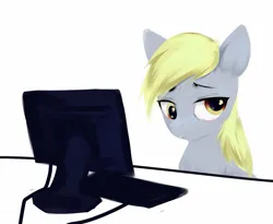 Size: 1605x1315 | Tagged: safe, artist:some_ponu, derpibooru import, derpy hooves, pegasus, pony, computer, female, image, jpeg, keyboard, looking at you, mare, monitor, sad, simple background, solo, teary eyes, white background