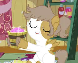 Size: 846x681 | Tagged: safe, artist:fuckomcfuck, derpibooru import, edit, edited screencap, screencap, oc, oc:scribbles, unofficial characters only, pegasus, pony, hearts and hooves day (episode), bucket, character swap, female, filly, foal, glitter, image, ladder, offspring, parent:oc:doodles, parent:oc:rat, parents:oc x oc, png, sitting, solo, spread wings, wings