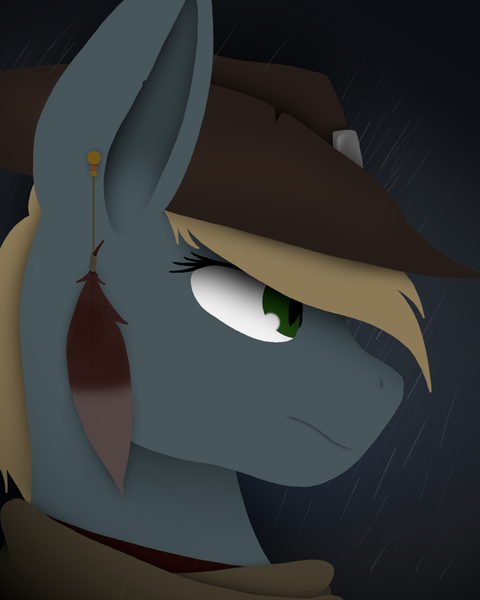 Size: 1080x1350 | Tagged: safe, artist:tiviyl, derpibooru import, oc, bat pony, pony, clothes, cowboy hat, feather, hat, image, piercing, png, rain, side view, simple background, solo