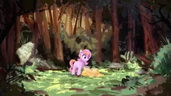 Size: 4800x2700 | Tagged: semi-grimdark, artist:thefloatingtree, derpibooru import, muse (g2), sundance (g2), sunsparkle, pony, fanfic:broken bindings, g2, blood, duo, fanfic art, female, filly, foal, forest, image, png, scenery, tree