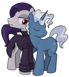 Size: 2086x2330 | Tagged: safe, artist:superderpybot, ponerpics import, ponybooru import, funnel web, pokey pierce, earth pony, unicorn, affection, clothes, eyes closed, gay, goth, happy, image, jacket, male, males only, png, simple background, snuggling, standing, transparent background