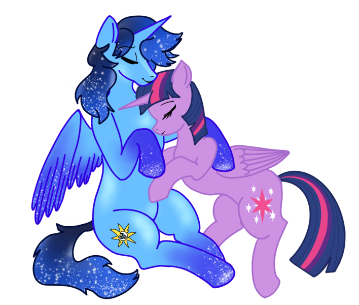 Size: 1592x1349 | Tagged: artist needed, source needed, safe, derpibooru import, twilight sparkle, twilight sparkle (alicorn), oc, oc:blue thunder, alicorn, canon x oc, cuddling, eyes closed, hug, image, png, thundersparkle