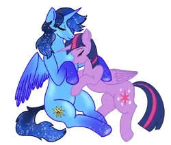 Size: 1592x1349 | Tagged: artist needed, source needed, safe, derpibooru import, twilight sparkle, twilight sparkle (alicorn), oc, oc:blue thunder, alicorn, canon x oc, cuddling, eyes closed, hug, image, png, thundersparkle