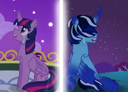 Size: 1496x1080 | Tagged: safe, derpibooru import, twilight sparkle, twilight sparkle (alicorn), oc, oc:blue thunder, alicorn, canon x oc, crying, image, jpeg, looking up, night, separation, thundersparkle