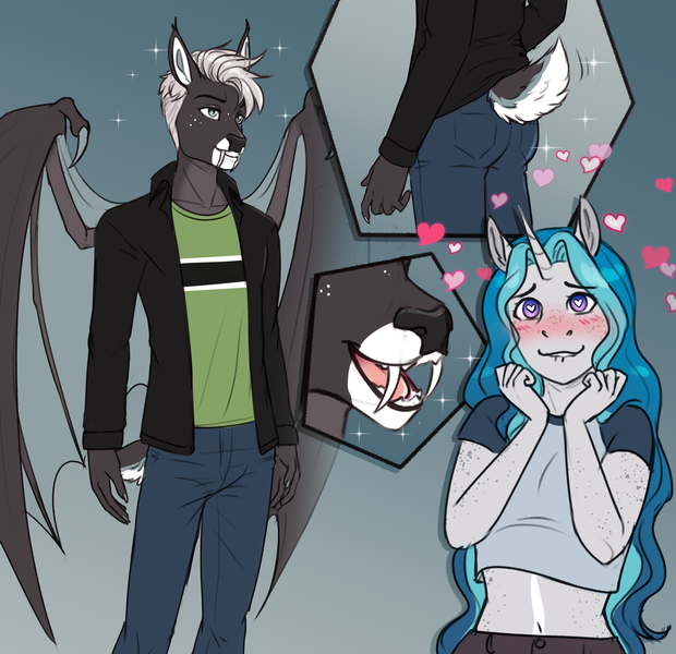 Size: 3065x2964 | Tagged: safe, artist:askbubblelee, derpibooru import, oc, oc:bramble darkwood, oc:bubble lee, unofficial characters only, anthro, bat pony, deer, hybrid, unguligrade anthro, unicorn, alternate universe, anthro oc, barely pony related, bat pony deer, bat pony oc, bat wings, blushing, clothes, deer oc, deerbat, fangs, female, freckles, furry, heart, heart eyes, horn, hybrid oc, image, lip bite, male, non-pony oc, pants, png, shirt, slit pupils, straight, tail, teenager, unicorn oc, willowverse, wingding eyes, wings