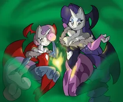 Size: 992x828 | Tagged: safe, artist:theburningdonut, derpibooru import, rarity, sweetie belle, anthro, plantigrade anthro, unicorn, bare shoulders, belle sisters, breasts, busty rarity, cleavage, clothes, costume, darkstalkers, female, hair over one eye, halloween, halloween costume, holiday, image, jpeg, lilith aensland, morrigan aensland, siblings, sisters