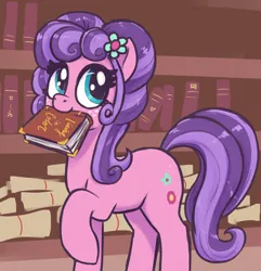 Size: 1970x2040 | Tagged: safe, artist:t72b, derpibooru import, petunia petals, earth pony, pony, book, bookshelf, cute, female, flower, flower in hair, image, mare, mouth hold, petalbetes, png, raised hoof, scroll, solo