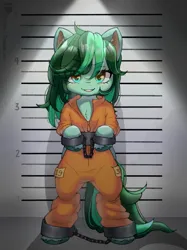 Size: 1337x1791 | Tagged: safe, artist:ponchik_art, derpibooru import, oc, oc:eden shallowleaf, unofficial characters only, bound wings, clothes, cuffed, cuffs, image, jumpsuit, looking at you, png, prison outfit, shackles, solo, wings