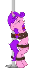 Size: 1968x3956 | Tagged: suggestive, artist:equestria secret guard, artist:radiantrealm, derpibooru import, oc, oc:candlelight warmth, unofficial characters only, pony, unicorn, arm behind back, baese used, belly button, bipedal, bondage, female, helpless, horn, horn ring, image, jewelry, magic suppression, mare, png, pole tied, ring, rope, rope bondage, sexy, simple background, solo, tied up, transparent background
