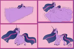 Size: 7662x5080 | Tagged: safe, artist:lightning bolty, derpibooru import, princess twilight 2.0, twilight sparkle, twilight sparkle (alicorn), alicorn, pony, the last problem, 4 panel comic, ^^, abdominal bulge, absurd resolution, belly, belly bed, big belly, comic, concave belly, date (time), digestion, digestion without weight gain, ear fluff, ethereal mane, ethereal tail, eyelashes, eyes closed, female, folded wings, hoof fluff, hooves, horn, horn markings, huge belly, image, impossible fit, impossibly large belly, large wings, leg fluff, long horn, long mane, mare, motion lines, object vore, older, older twilight, older twilight sparkle (alicorn), png, quadrupedal, raised hoof, rapid digestion, shipping container, signature, slim, solo, standing, sternocleidomastoid, stomach noise, stuffed belly, tail, tall, thin, twipred, unshorn fetlocks, vore, wall of tags, wings