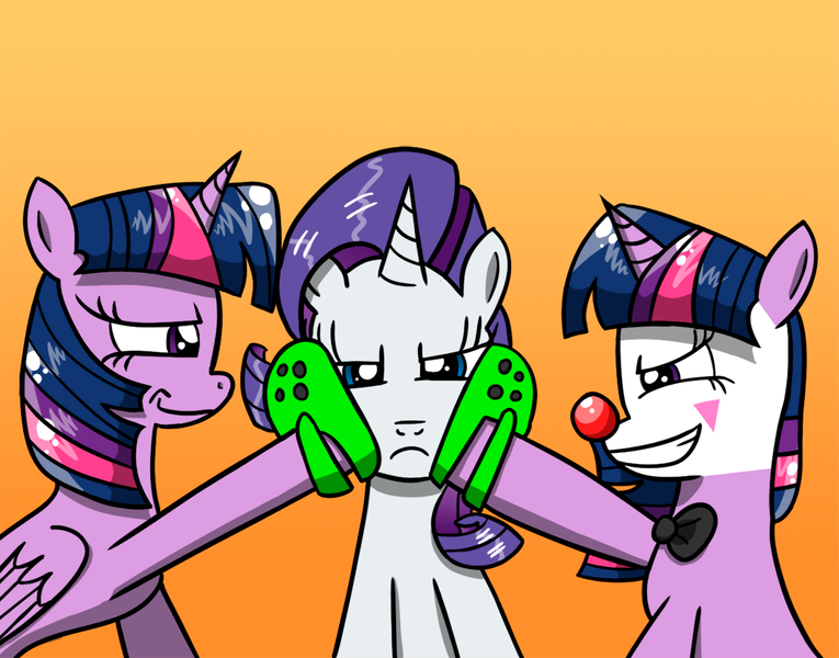 Size: 1212x950 | Tagged: safe, artist:twi clown, derpibooru import, rarity, twilight sparkle, twilight sparkle (alicorn), oc, oc:twi clown, alicorn, pony, unicorn, bowtie, clown, clown makeup, clown nose, female, image, mare, png, rarity is not amused, red nose, twilight crockle, unamused